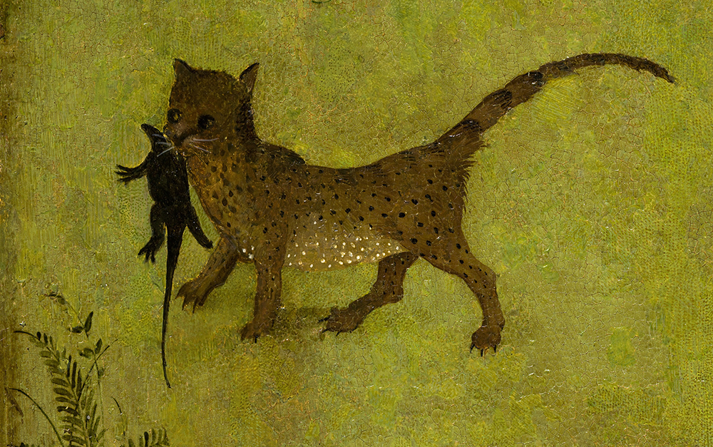 Cat with a lizard in its jaws, detail from “The Garden of Earthly Delights,” by Hieronymus Bosch. This animal appears in the left-hand panel of the triptych and is seen walking away from Adam and Eve.