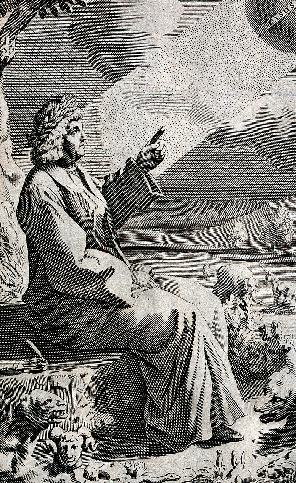Lucretius pointing up at the revolving globe of Chance in the sky. Engraving by Michael Burghers, after Thomas Creech, c. 1682. Wellcome Collection (CC BY 4.0).