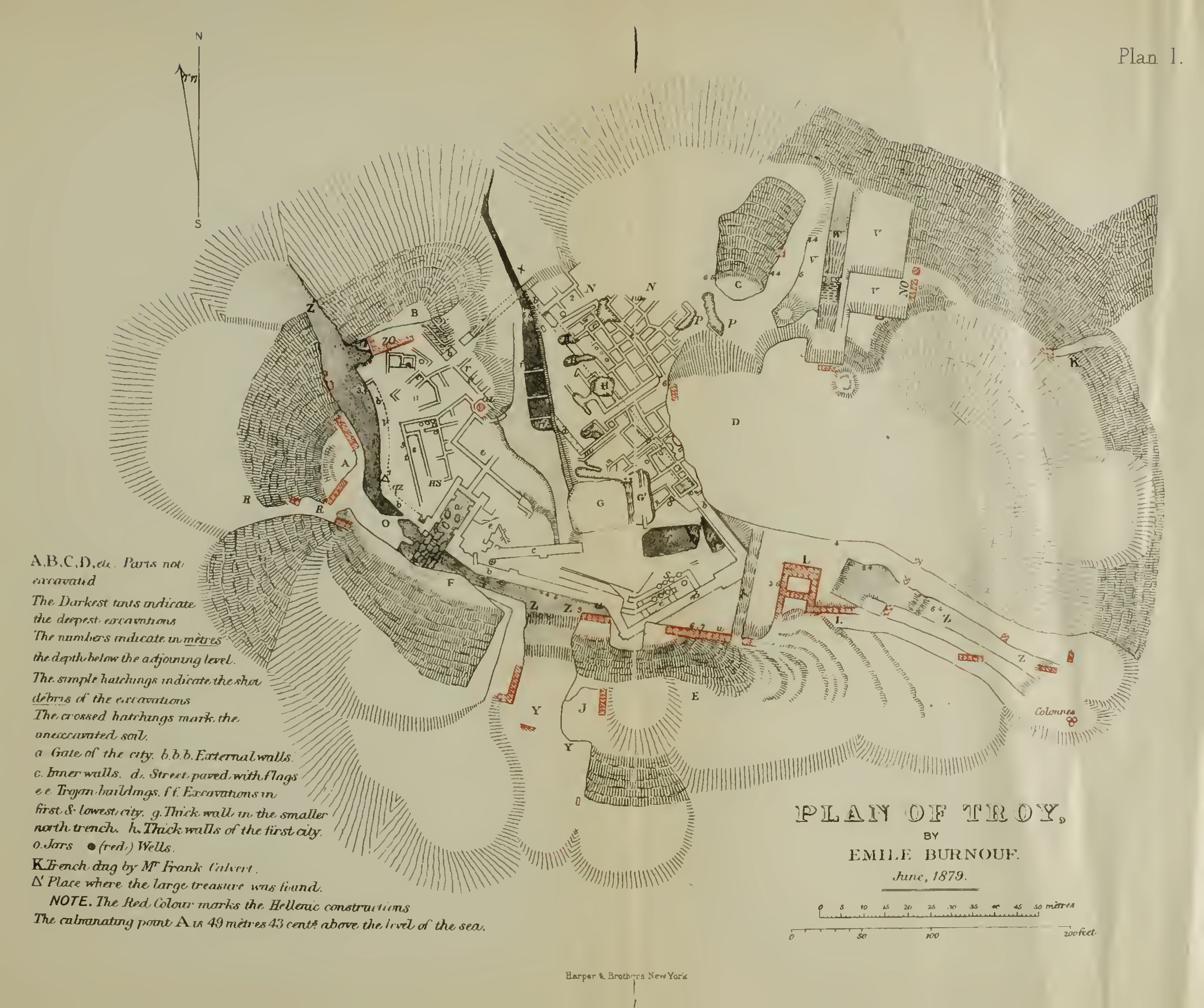 Plan of Troy, by Emile Burnouf, from “Ilios: The City and the Country of the Trojans” by Heinnrich Schliemann, 1880.