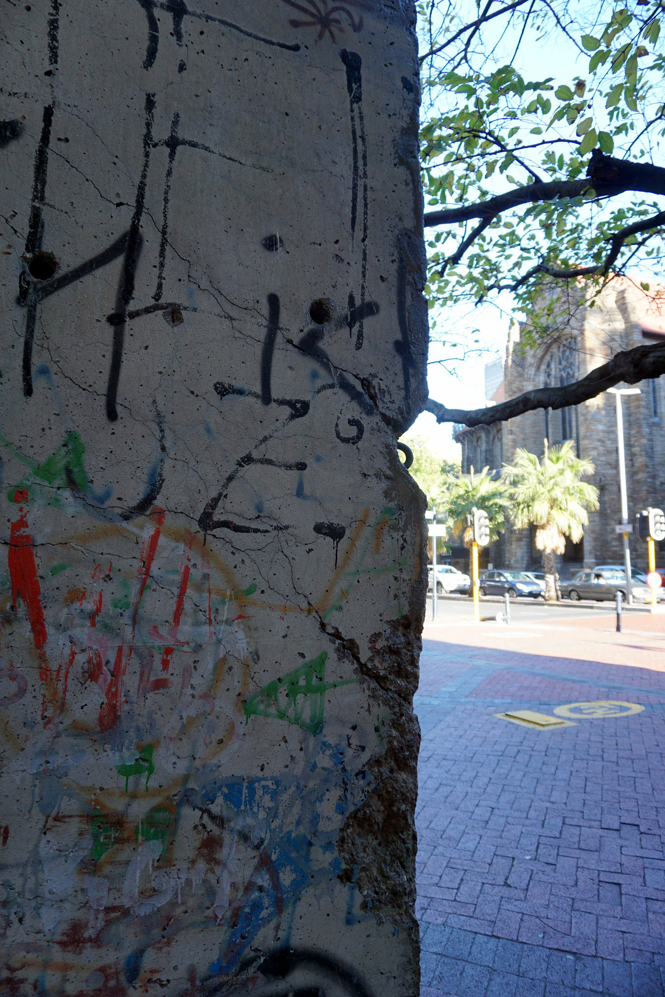 A close-up of a fragment of the Berlin Wall in Cape Town.