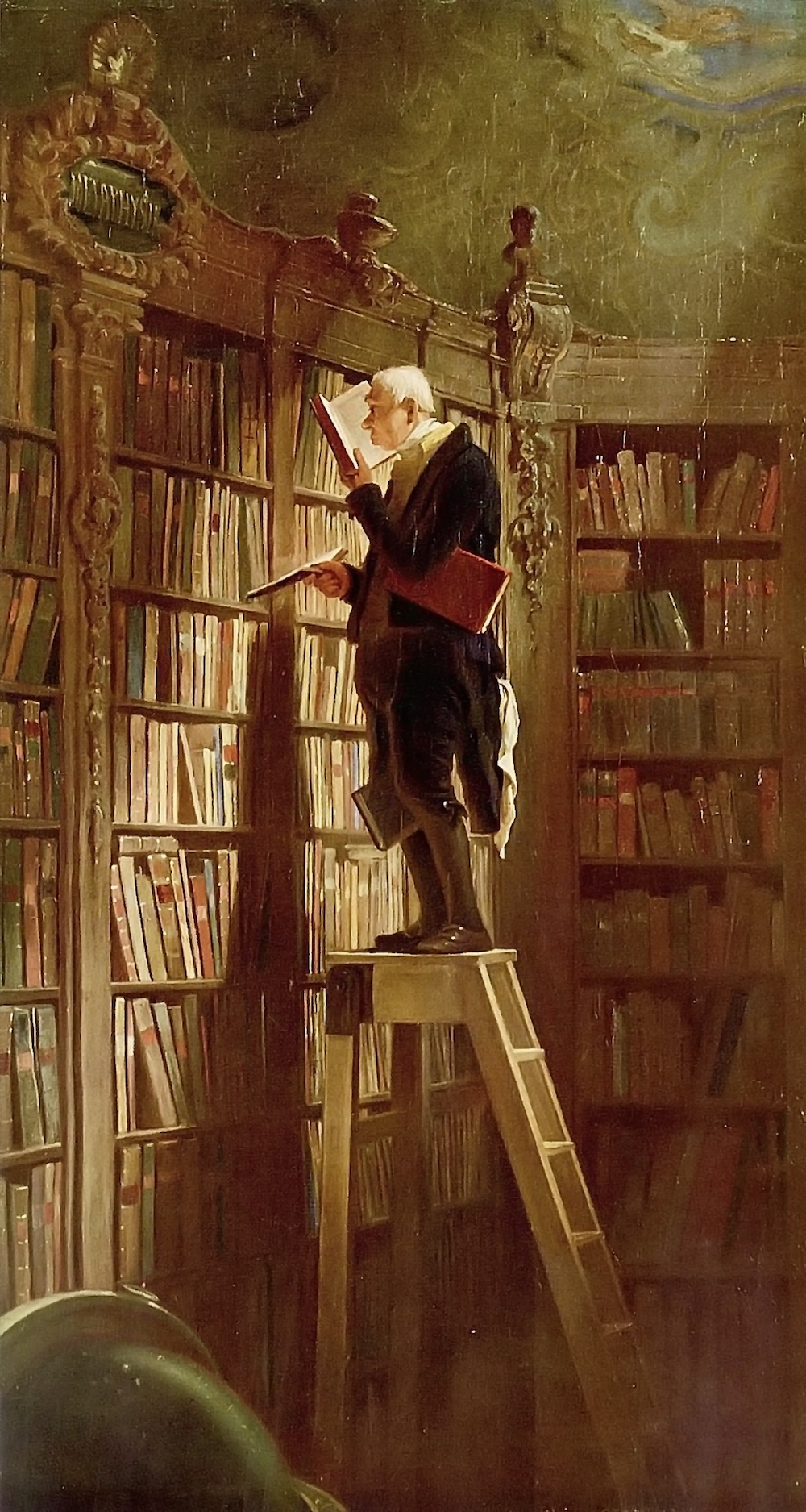 A painting of a man standing on top of a ladder in a room covered in built-in bookshelves. He is holding a book open and appears to be reading intently.