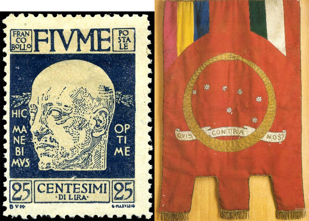 A stamp (depicting D’Annunzio) and flag (designed by D’Annunzio) of the Italian Regency of Carnaro.