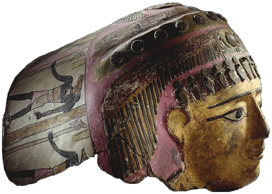 A mummy mask made of painted cartonnage. The mask shows a painted face wearing a decorated headdress.