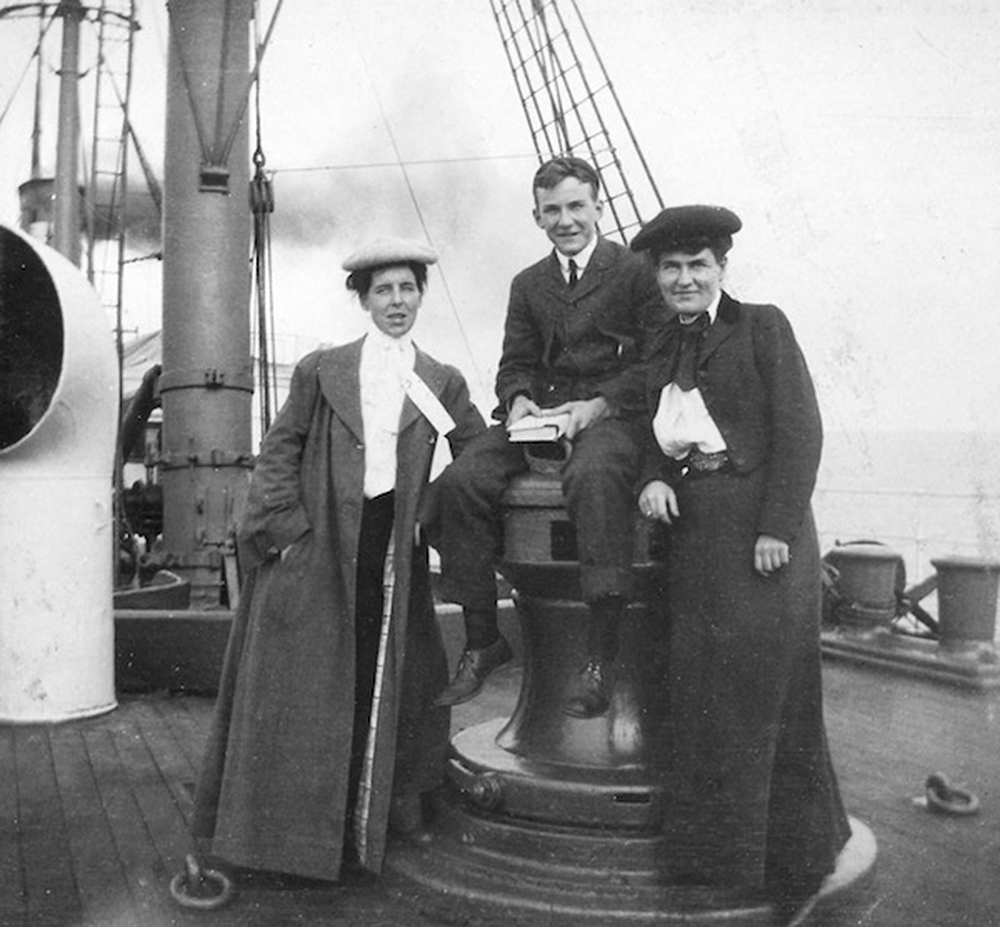 Isabelle McClung, an unidentified man, and Willa Cather aboard the SS Westernland, 1902. Philip L. and Helen Cather Southwick Collection, Archives and Special Collections, University of Nebraska–Lincoln Libraries.