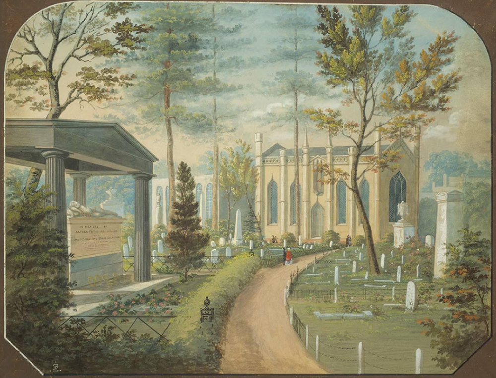 Laurel Hill Cemetery, Philadelphia, by Antonio Zeno Shindler, c. 1850. Museum of Fine Arts, Boston, Gift of Maxim Karolik for the M. and M. Karolik Collection of American Watercolors and Drawings, 1800–1875.