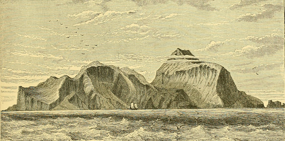 Illustration of a mountainous island from page 680 of Report on the Scientific Results of the Voyage of H.M.S. Challenger During the Years 1873–76, 1881. Flickr, Internet Archive.