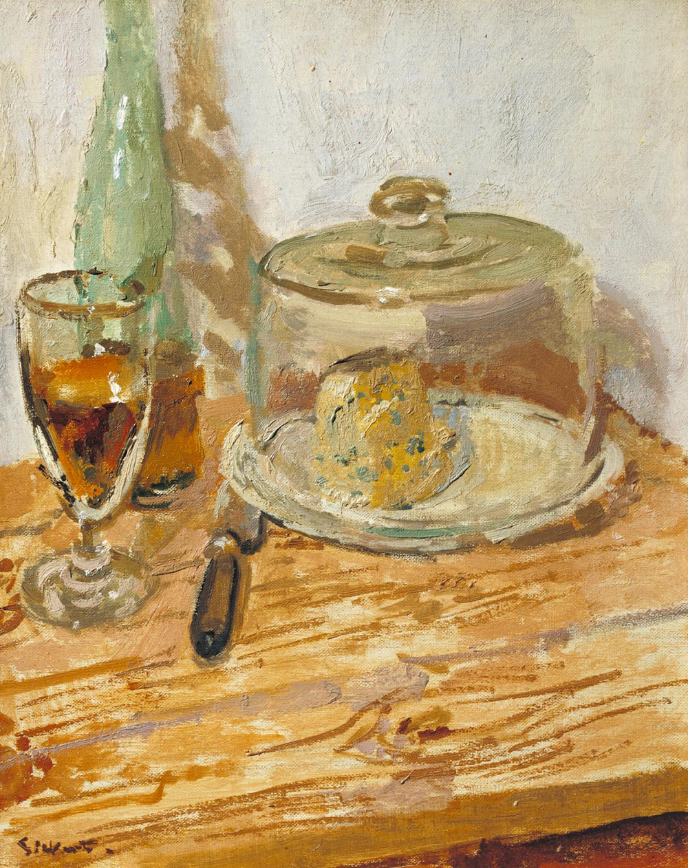 A painting of a wooden table with a slab of Roquefort cheese covered by a glass cloche, a glass and bottle of wine, and a knife on top.