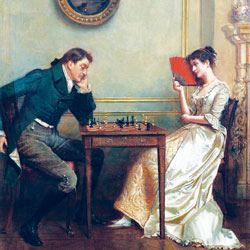 A painting depicting a man and woman playing chess.