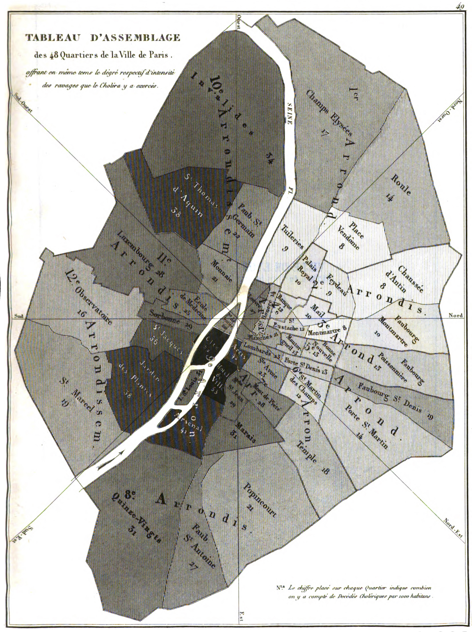 Map of Paris neighborhoods showing the number of cholera deaths per one thousand inhabitants. From <em>Rapport sur la marche et les effets du choléra-morbus dans Paris et les communes rurales du département de la Seine: Année 1832</em>, 1834.