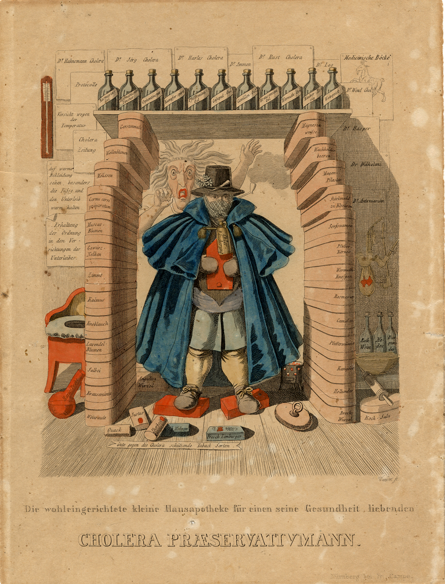 A colored etching depicting a man attempting to protect himself from Cholera. He is wearing a mask and a large overcoat, and holding a clay pipe. He is surrounded by boxes of herbs. Behind him a ghostly image represents Cholera.