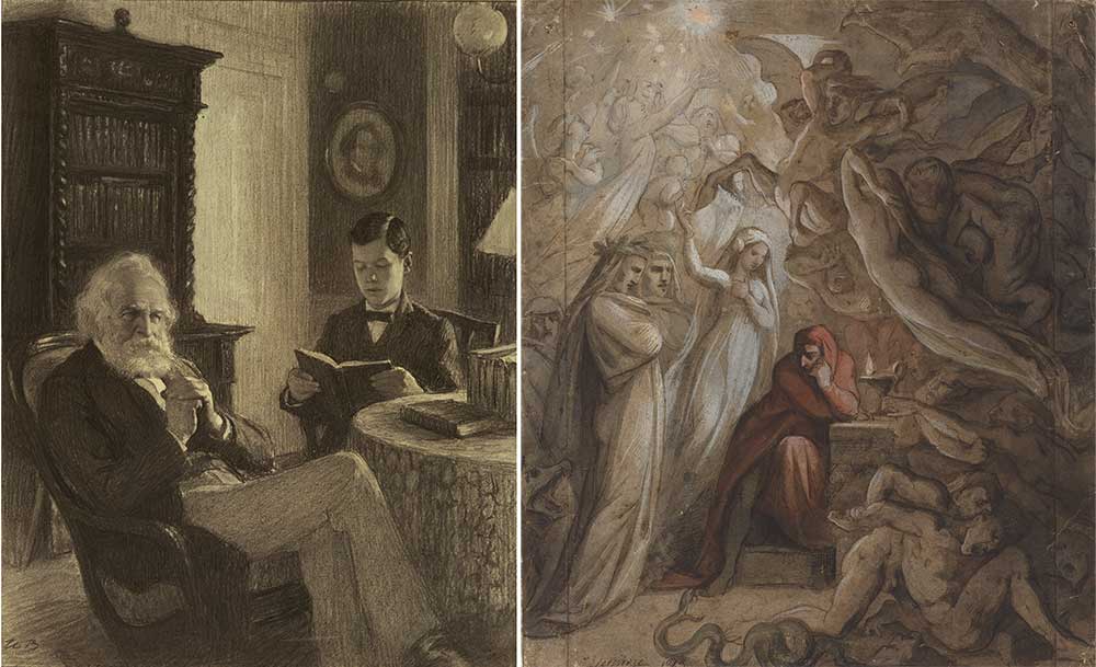 Left: Longfellow in His Study, by Worth Brehm. Right: Dante Meditating on The Divine Comedy, by Jean-Jacques Feuchère, 1843.