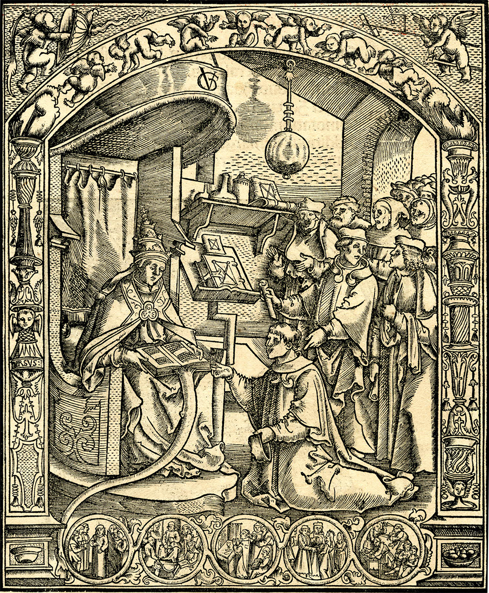 Pope Clement V receiving a deputation of lawyers and monks, from “Clementis Quinti Constitutiones,” 1511. © The Trustees of the British Museum.