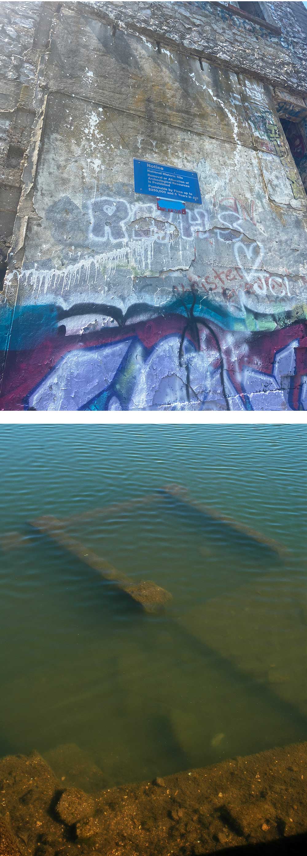 Top: Monte Ne ruins, 2021. Bottom: Monte Ne amphitheater, 2005.