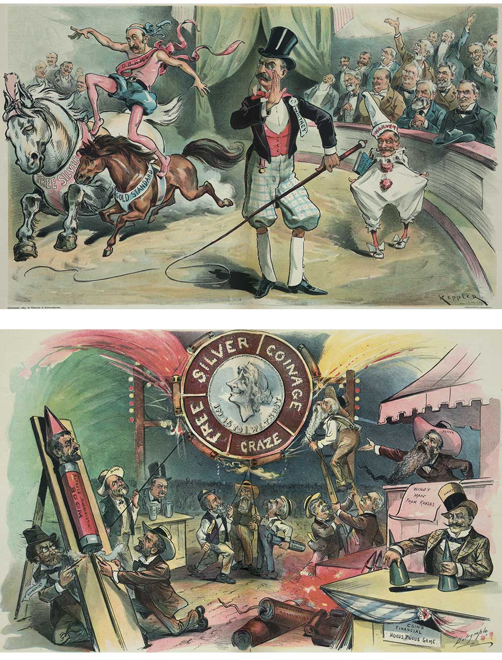 Top: The Circus Has Come!, by Udo J. Keppler, 1895. Bottom: Fizz! Boom!! Ah!!!, by Louis Dalrymple, 1895.
