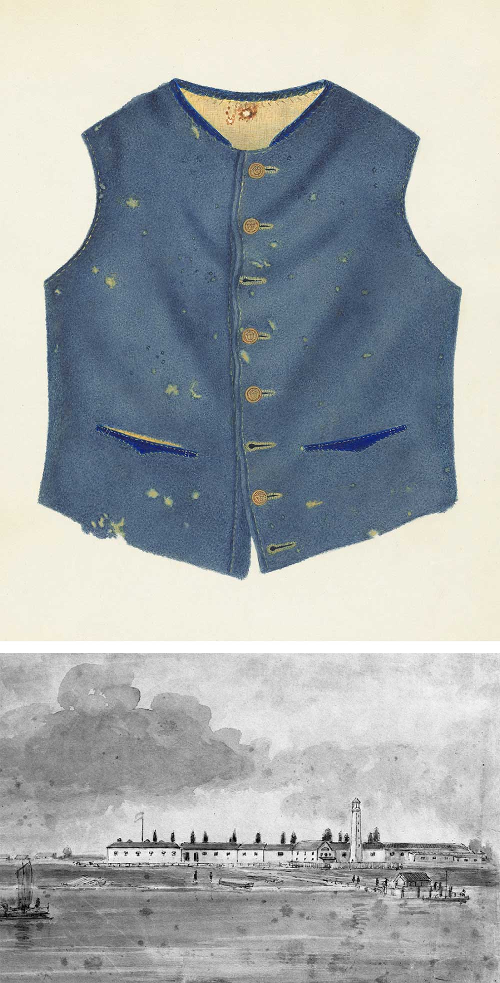 Top: Confederate Uniform, by Annie B. Johnston, c. 1938. Bottom: Fort Monroe, Virginia, 1860.