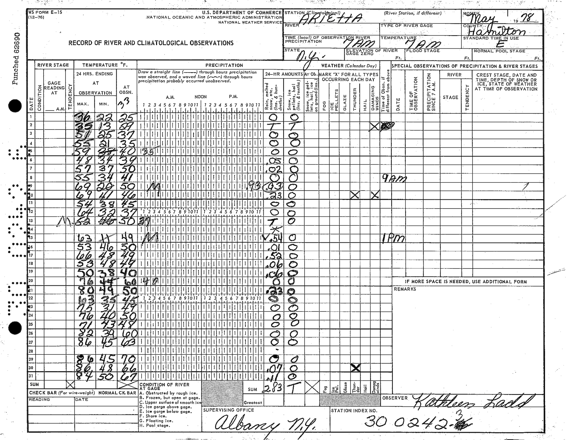 A table of weather observations from May 1978 in Arietta, New York.