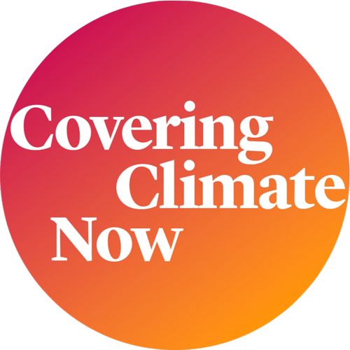 A circular logo with the words Covering Climate Now