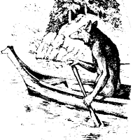 Drawing of a coyote paddling a canoe