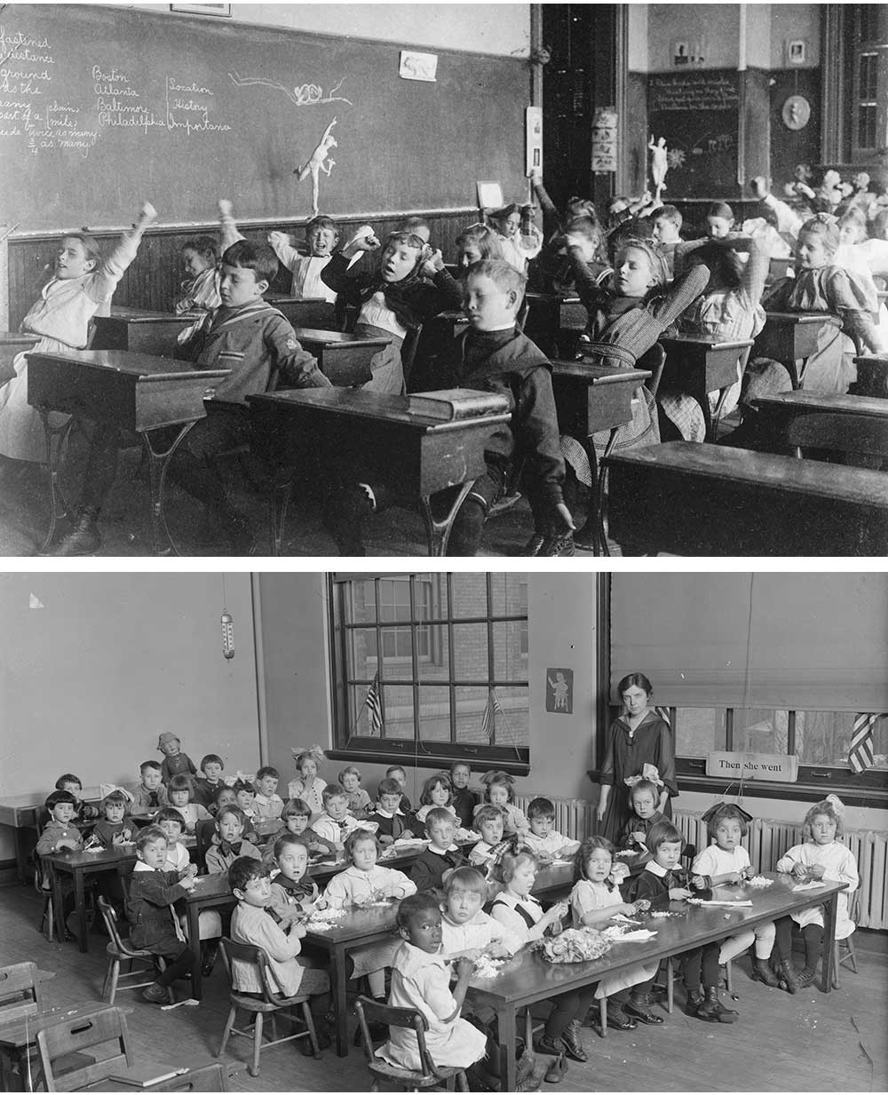 Top: Children in Washington, DC, classroom, stretching, c. 1899. Photograph by Frances Benjamin Johnston. Bottom: Children in classroom, c. 1919.