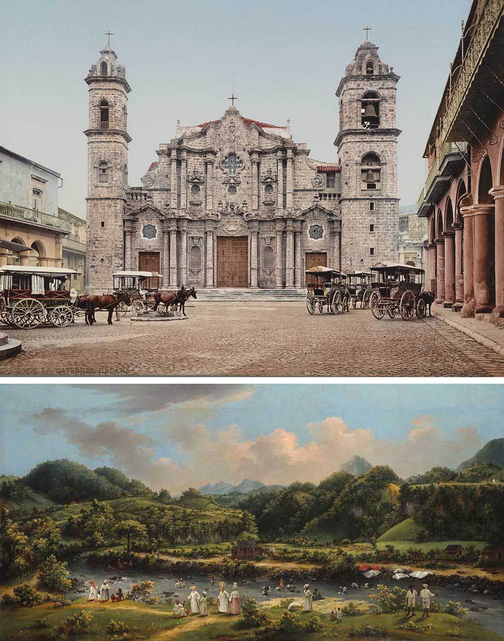 Top: Catedral de la Virgen María de la Concepción Inmaculada, c. 1900. Photograph by William Henry Jackson. Bottom: View on the River Roseau, Dominica, by Agostino Brunias, c. 1770.