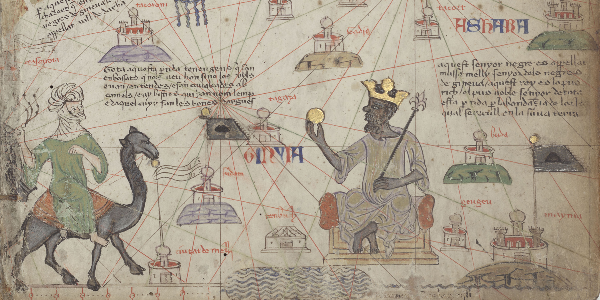 Mansa Musa of Mali holding a gold nugget, detail from Atlas of Maritime Charts, by Abraham Cresques, c. 1375. Bibliothèque Nationale de France, Department of Manuscripts.