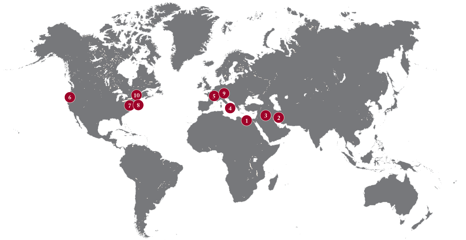 World map with numbers indicating the locations of the events described below