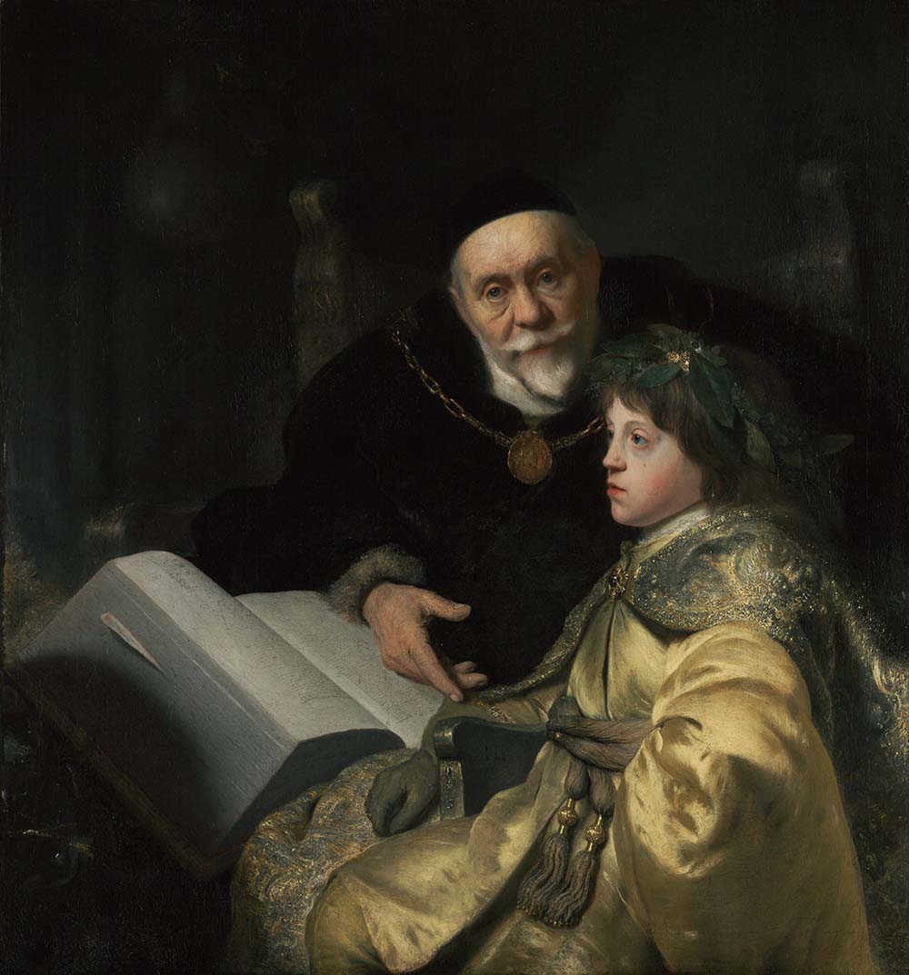 Wearing a gold medallion around his neck, an elderly man leans forward and extends a hand towards a youth who sits in front of a book. The man looks neither at the boy nor at the large open volume but instead gazes sympathetically at the viewer. Wearing a laurel wreath upon his head and dressed in a golden yellow robe with a richly embroidered cape, the daydreaming boy stares off into the distance.