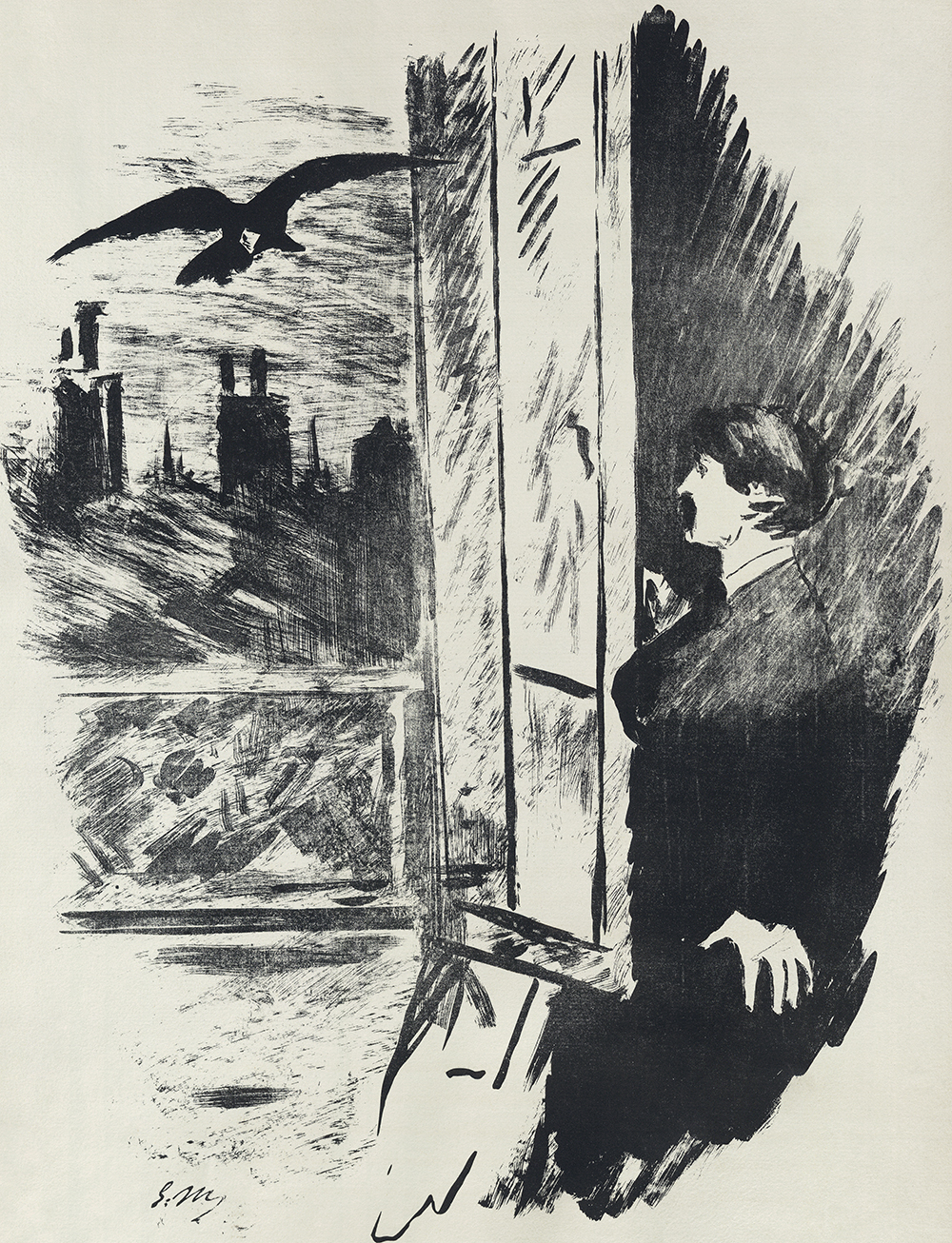 Illustration for a French translation by Stéphane Mallarmé of Edgar Allan Poe’s “The Raven,” by Édouard Manet, 1875. Wikimedia Commons, Library of Congress.