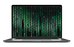A laptop computer with green code on a black background on its screen