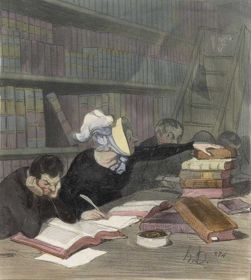 Figures behind a reading table in a public library, from The Blue Stockings, by Honoré Daumier, 1844.