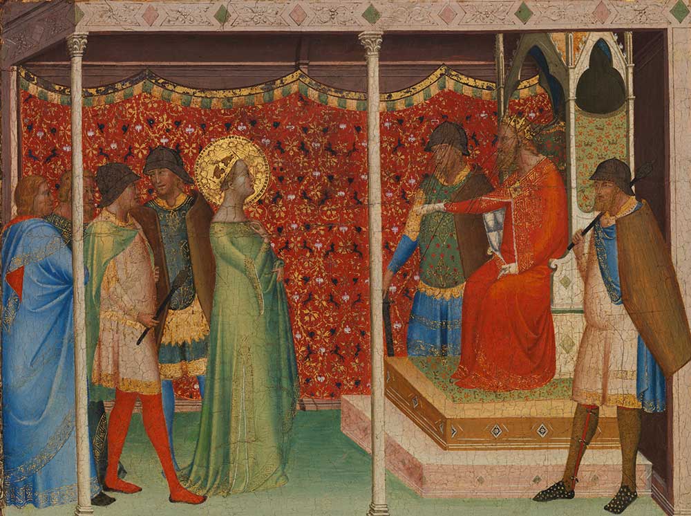 A panel showing Saint Reparata standing before Emperor Decius, about to be tortured and beheaded. Decius’ face has been scratched by outraged fourteenth-century viewers.