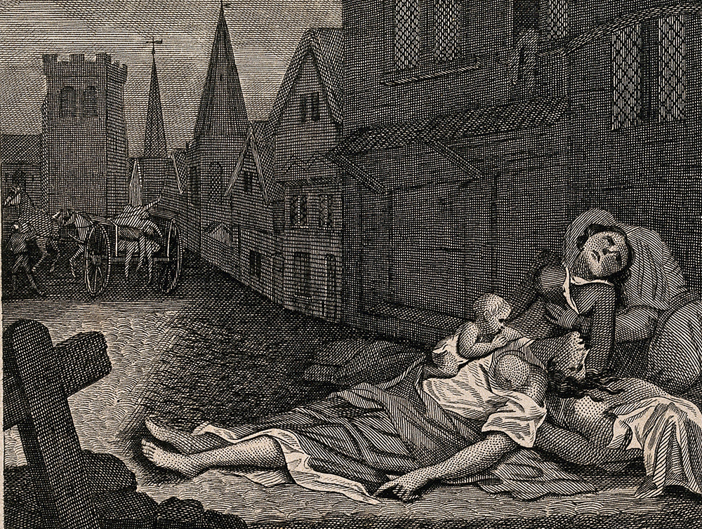 Two women lying dead in a London street during the Great Plague, one with a child who is still alive, etching after Robert Pollard. Wellcome Collection.