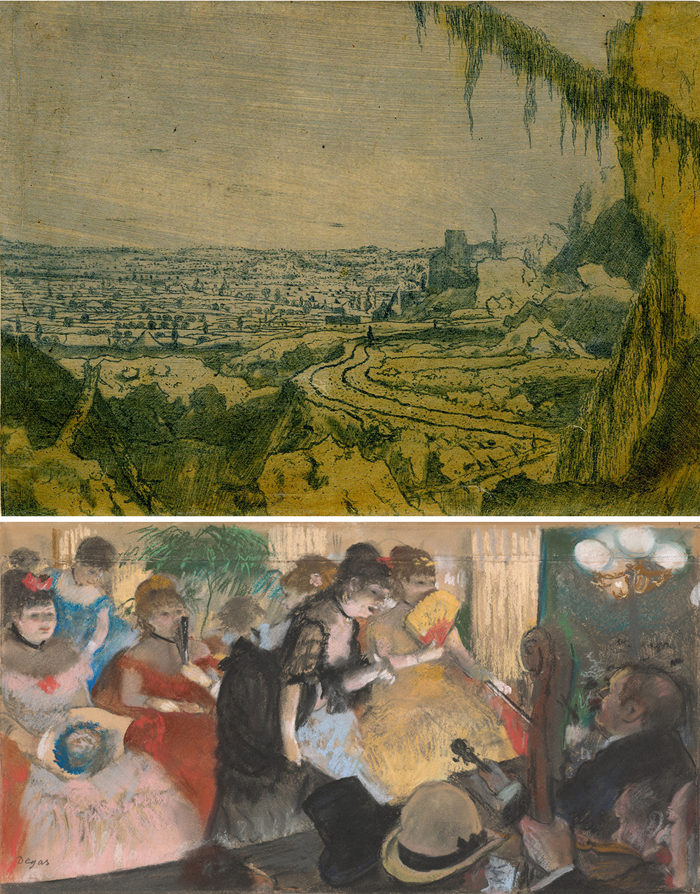 Top: Distant View with a Mossy Branch, by Hercules Segers, c. 1610. Bottom: Café-Concert, by Edgar Degas, c. 1876.