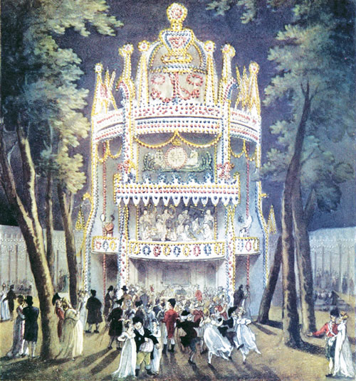 A painting of a large white structure at night, glowing with lights, surrounded by trees and grass. People dressed in fancy evening clothes crowd around the doors to get in.