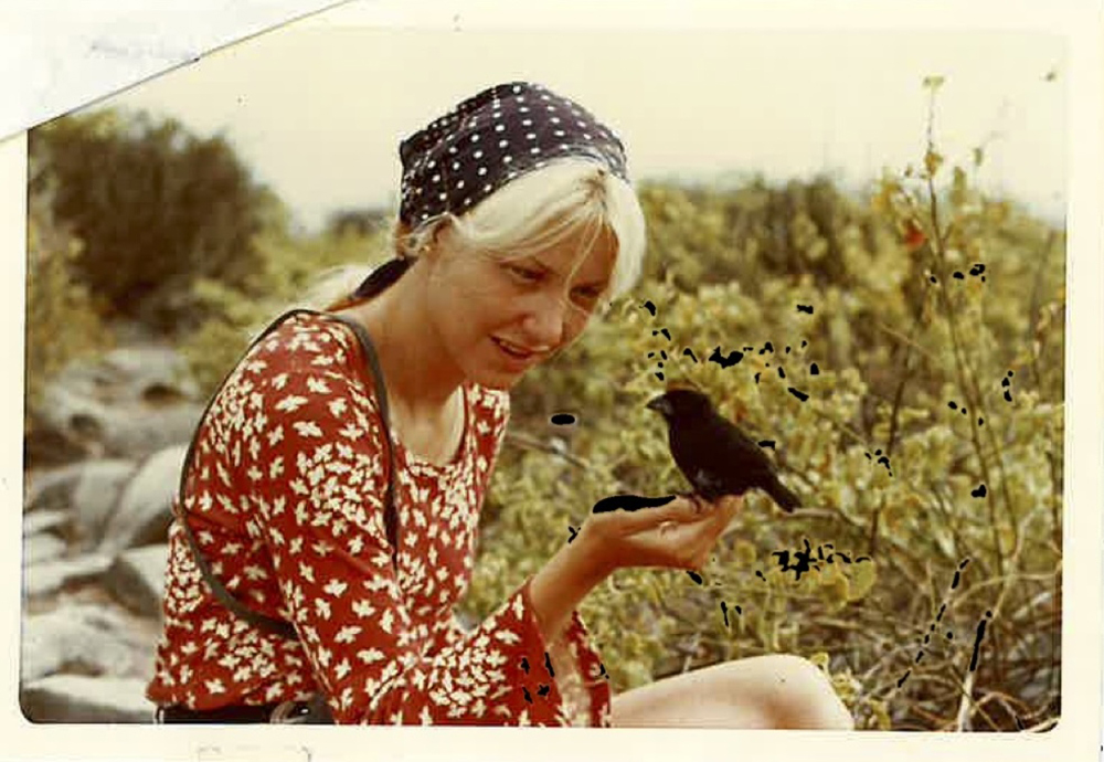 Annie Dillard and a “large-billed cactus ground finch” in the Galápagos, 1974. Photograph by Tom Fuller. From the Lewis Lapham papers, Columbia University Archival Collections. Annie Dillard and a “large-billed cactus ground finch” in the Galápagos, 1974. Photograph by Tom Fuller. From the Lewis Lapham papers, Columbia University Archival Collections.