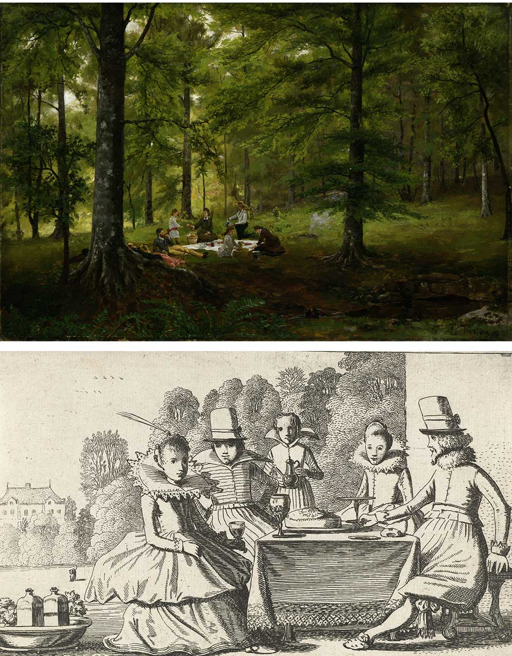 Top: Untitled—Picnic Scene, by J.M. Tracy, c. 1870. Bottom: Two couples at a table in the garden, after Esaias van de Velde, c. 1600.