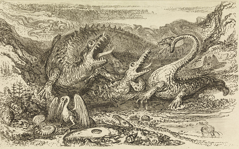 Illustration from “The Wonders of Geology” featuring an iguanodon, a megalosaurus, and a pterodactyl, by John Martin, 1838. The British Museum, Prints and Drawings.