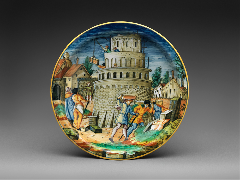 Plate with the building of the Tower of Babel, probably workshop of Guido Durantino, c. 1550.