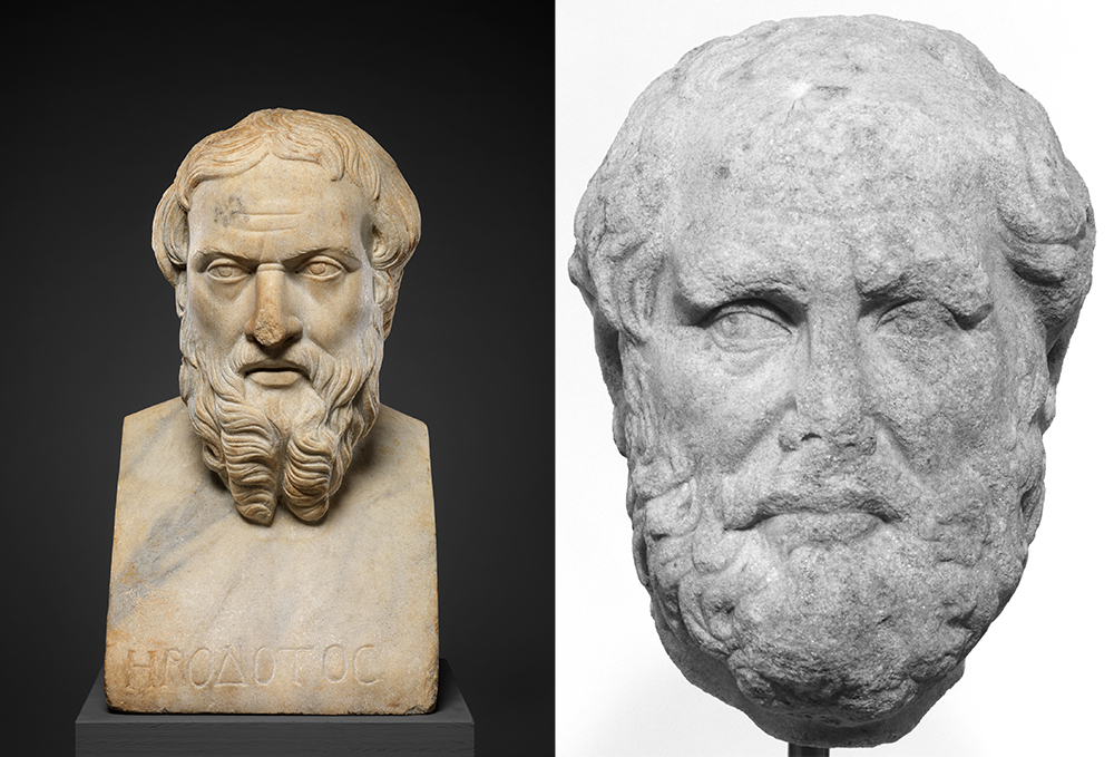 Left: Marble bust of Herodotus, Roman, second century. Right: Portrait head of Thucydides, Roman, second century.