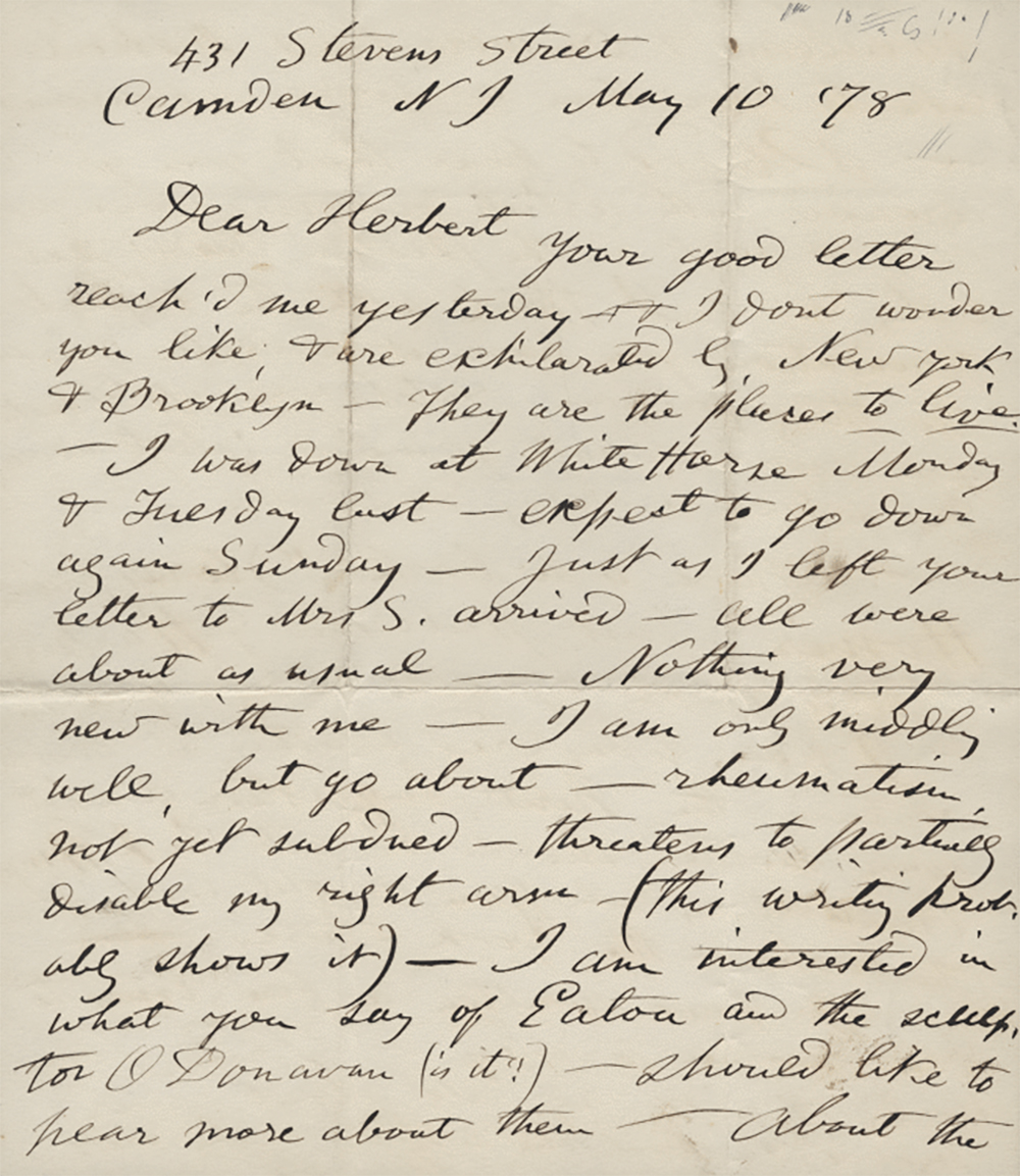 Letter from Walt Whitman to Herbert Gilchrist, 1878. University of Pennsylvania, Kislak Center for Special Collections, Rare Books, and Manuscripts.