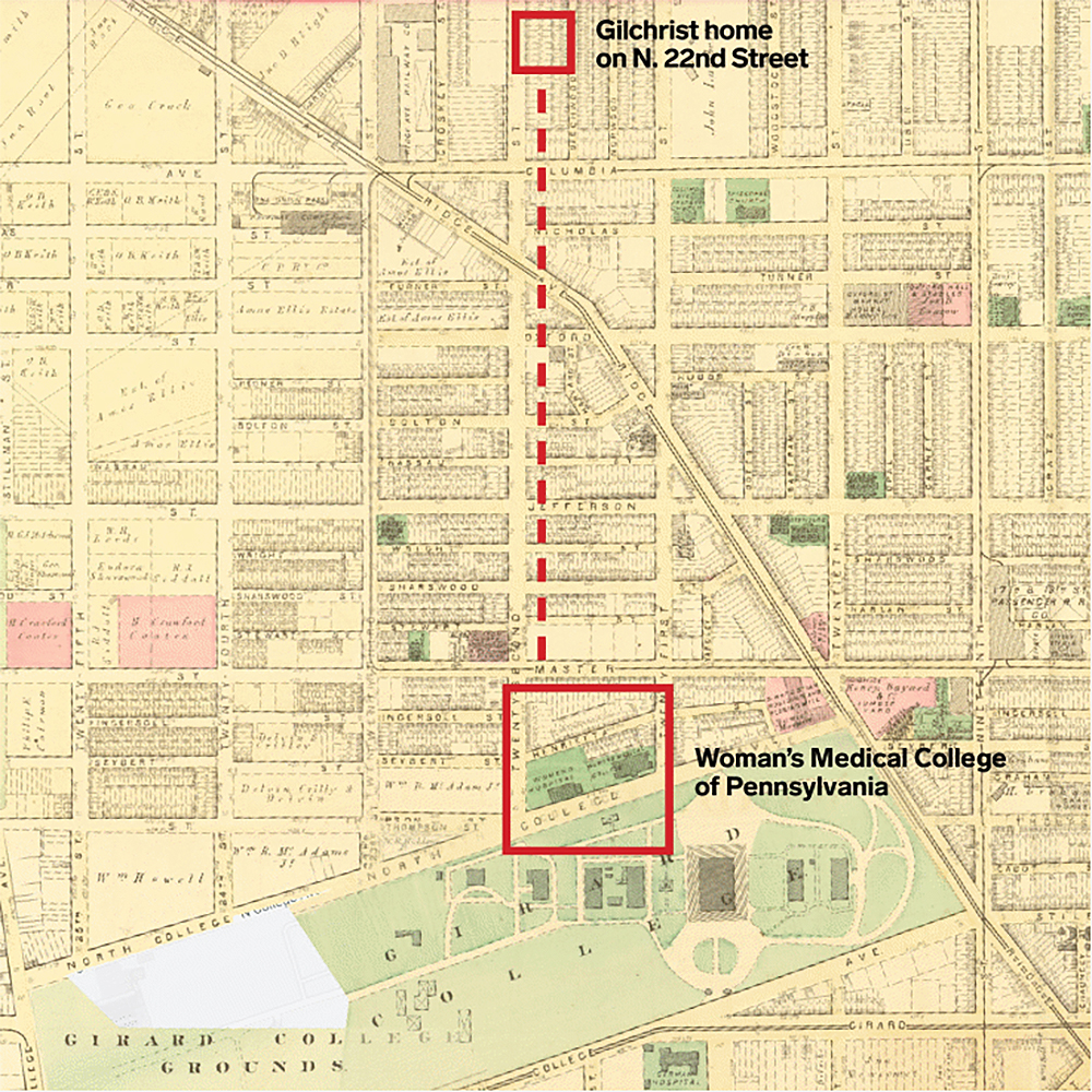 Map of Philadelphia from 1876, showing Beatrice Gilchrist’s commute from the house on N. 22nd Street to the Woman’s Medical College of Pennsylvania. 