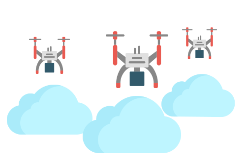 Three drones above three clouds