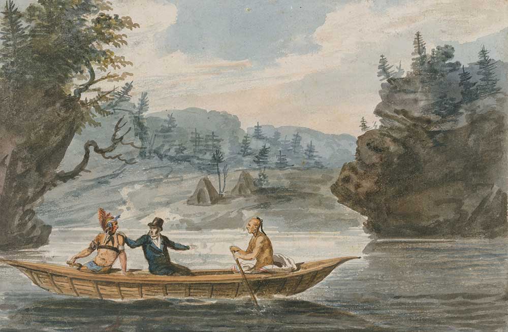 Watercolor of two Indians and a white man in a canoe on a lake surrounded by nature.