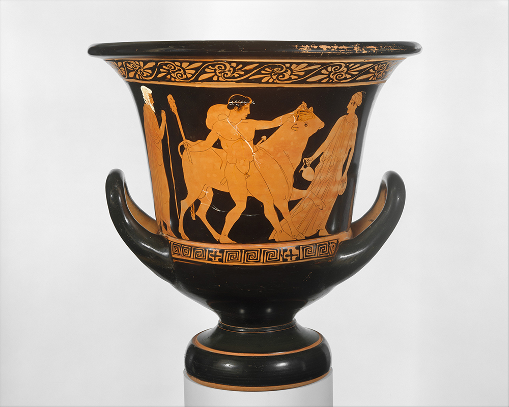 Terracotta calyx krater depicting Theseus seizing the bull of Marathon, attributed to a painter of the Group of Polygnotos, c. 440 BC–430 BC.