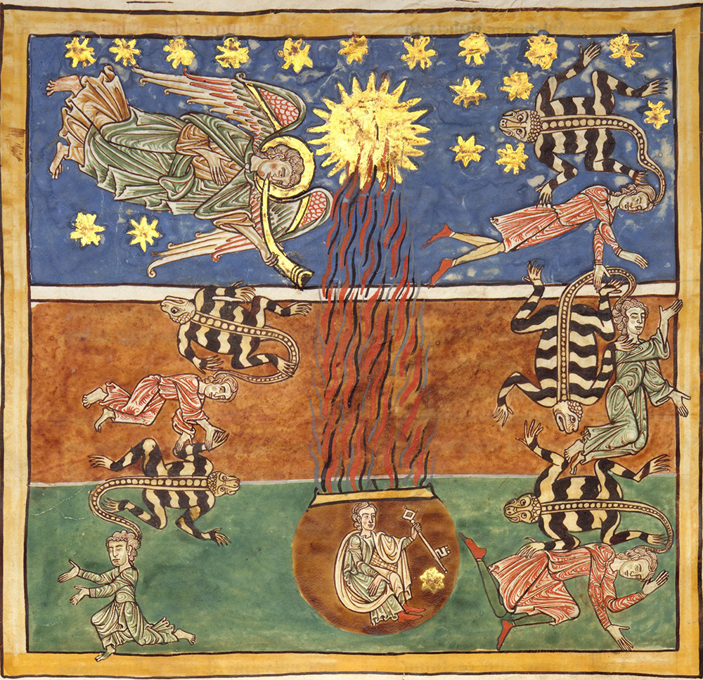“The Bottomless Pit Is Opened with a Key; Emerging from the Smoke, Locusts Come Upon the Earth and Torment the Deathless” (detail), c. 1180. The Met, Purchase, The Cloisters Collection, Rogers and Harris Brisbane Dick Funds, and Joseph Pulitzer Bequest, 1991.
