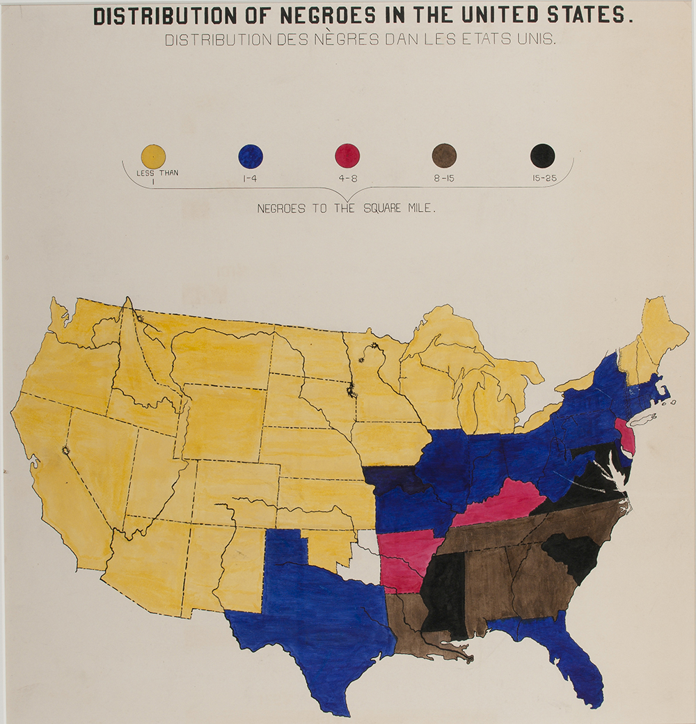 Distribution of Negroes in the United States, from a series of statistical charts illustrating the condition of the descendants of former African slaves now in residence in the United States of America, by W.E.B. Du Bois, c. 1900. Library of Congress, Prints and Photographs Division.