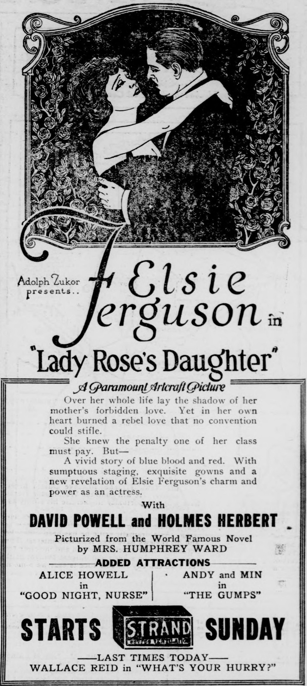 A newspaper advertisement for the film Lady Rose’s Daughter. A drawing of a man and a woman embracing below which it reads, in large text, Elsie Ferguson in Lady Rose’s Daughter.