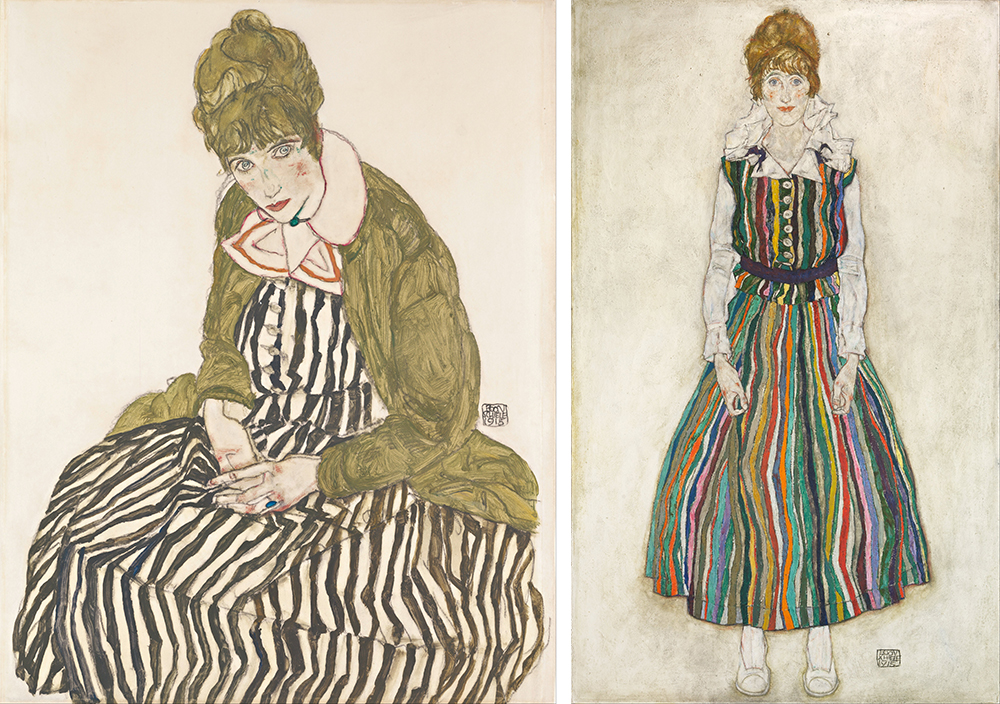 Left: Edith with Striped Dress, Sitting, by Egon Schiele, 1915. Right: Portrait of the Artist’s Wife, Standing (Edith Schiele in Striped Dress), by Egon Schiele, 1915.