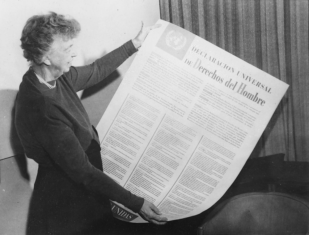 Eleanor Roosevelt holding the UN Universal Declaration of Human Rights in Spanish, 1949. National Archives and Records Administration, Franklin D. Roosevelt Library.