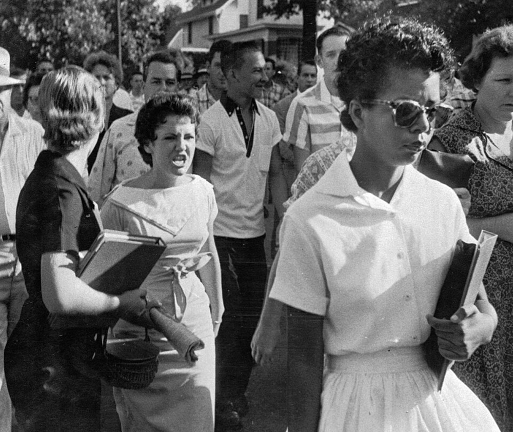 Elizabeth Eckert Heckled by Hazel Bryant, 1957. Photograph by Will Counts. Wikimedia Commons.